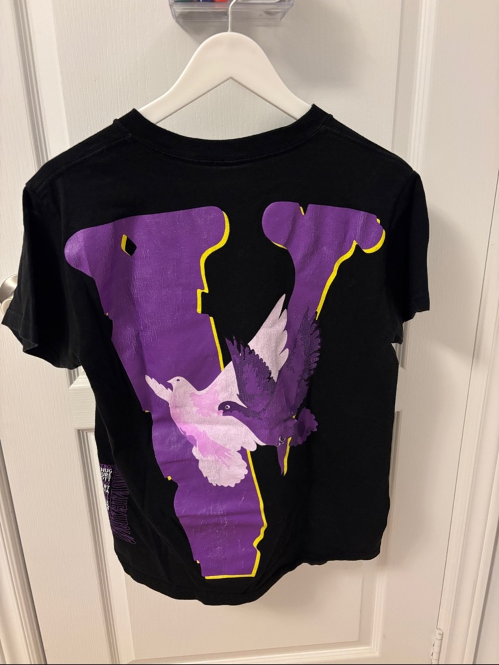 VLONE Black Tee with Purple V and Yellow Outline Featuring Purple & White Doves
